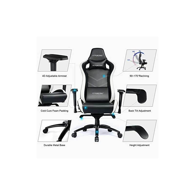 Luxury Gaming Chair Racing Style with High Backrest, Recliner, Swivel, Tilt, 4D Armrests, Rocker & Seat Height Adjustment Mechanisms（ White&Black）