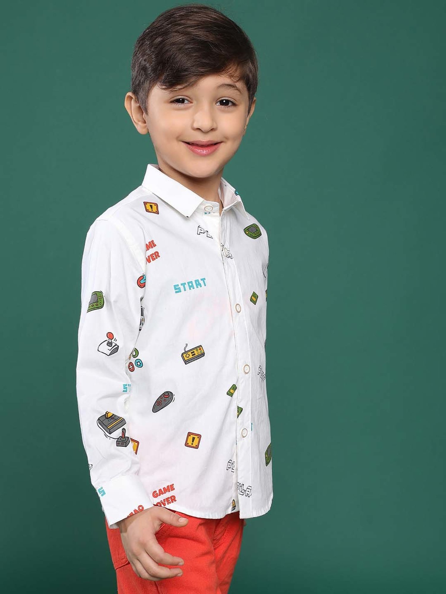 Tales & Stories Kids White Cotton Printed Full Sleeves Shirt