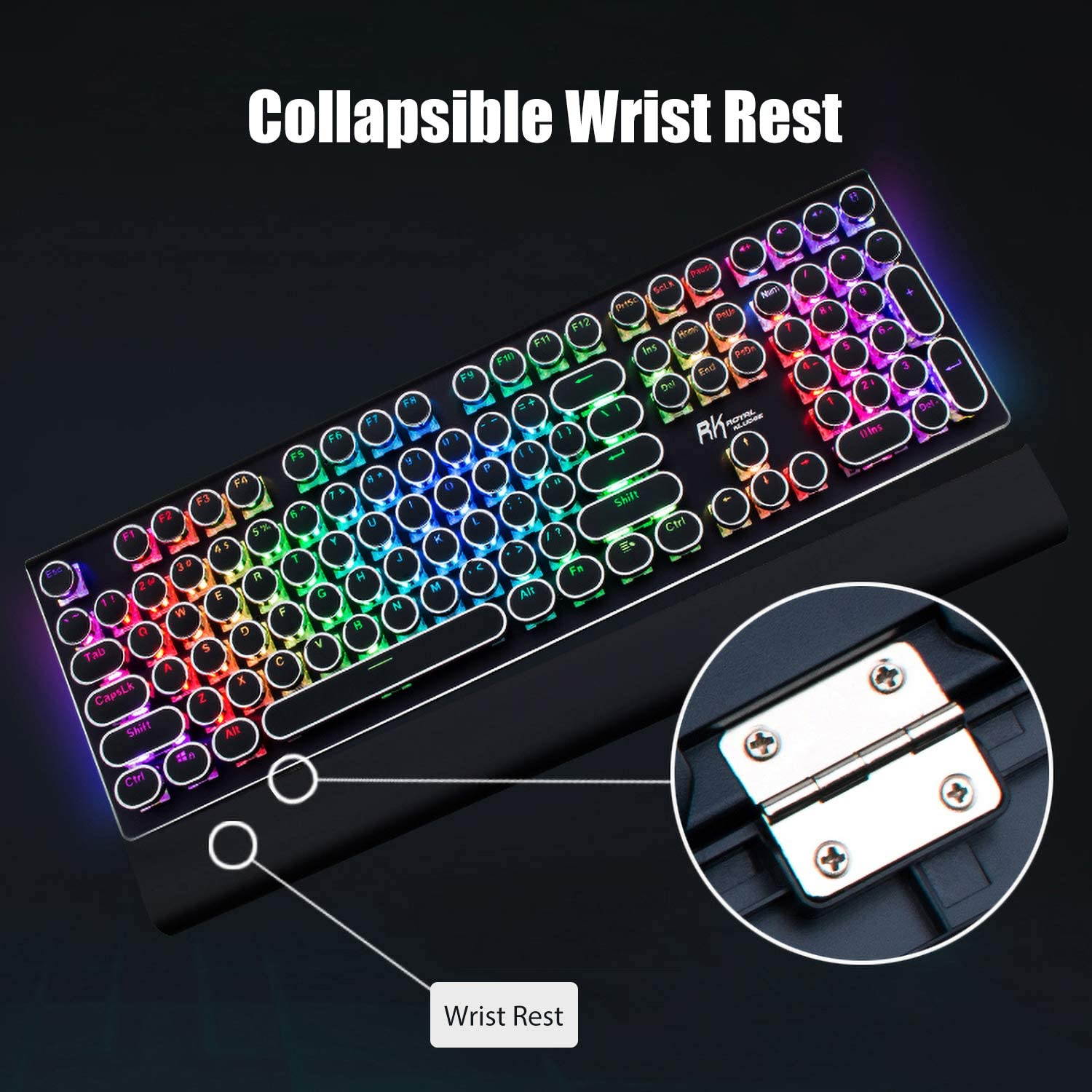 CUUWE RK Typewriter Style Mechanical Gaming Keyboard with True RGB Backlit, Collapsible Wrist Rest, 108-Key Anti-Ghosting Blue Switch Retro Steampunk Vintage Round Keycaps, Metal Panel Wired USB