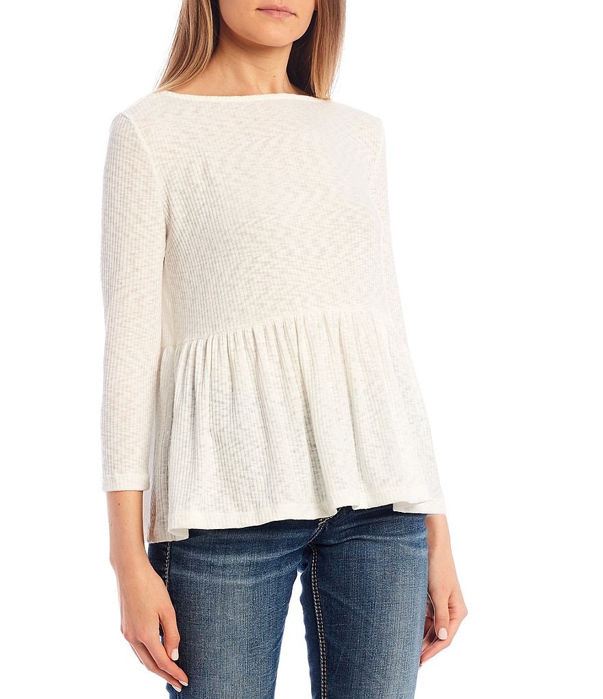 Good Luck Gem 3/4 Sleeve Ribbed Peplum Top