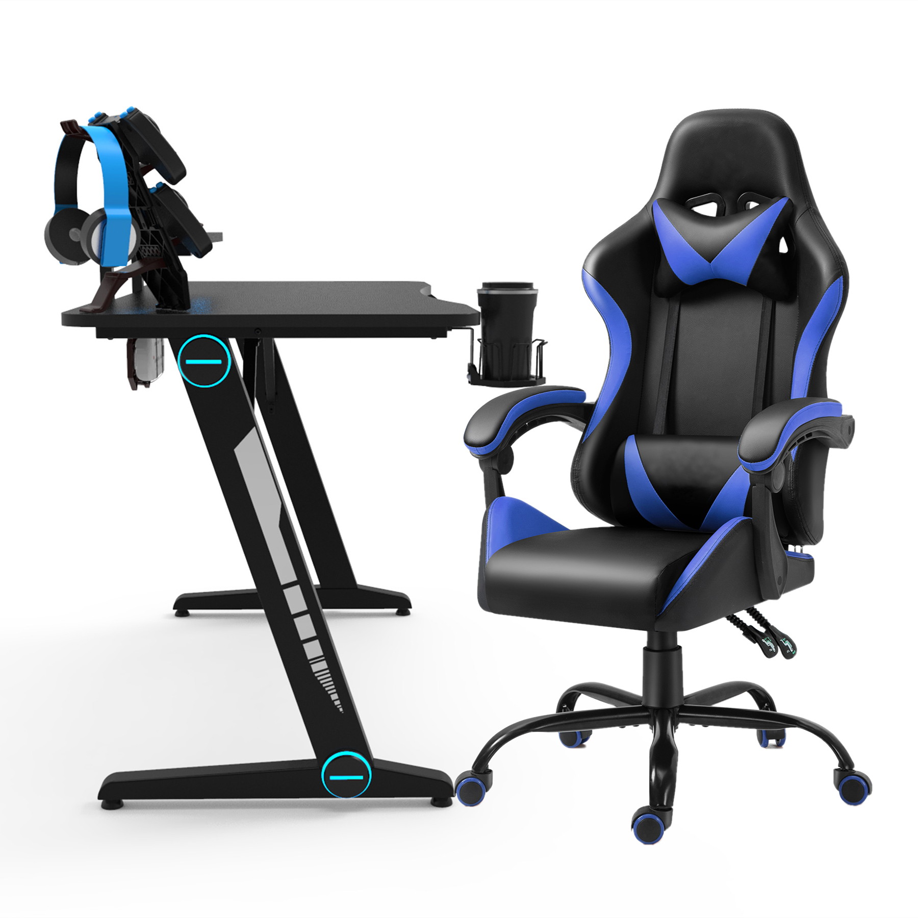 47.2 Inch Z-Shaped Gaming Desk with Ergonomic PU Leather Gaming  Chair Home Office Desk and Chair Set Gamer Workstation with Monitor Stand Carbon Fiber Surface Gamer Table with RGB Lights and Cup Hold