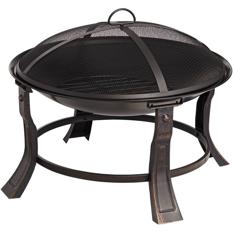 John Timberland Black Iron Outdoor Fire Pit Round 24" Steel Wood Burning with Spark Screen and fire Poker for Outside Backyard Patio Camping