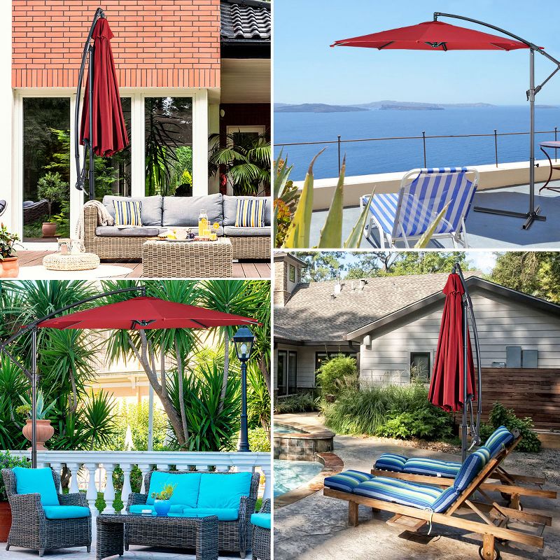 Costway 10' Hanging Umbrella Patio Sun Shade Offset Outdoor Market W/t Cross Base Burgundy