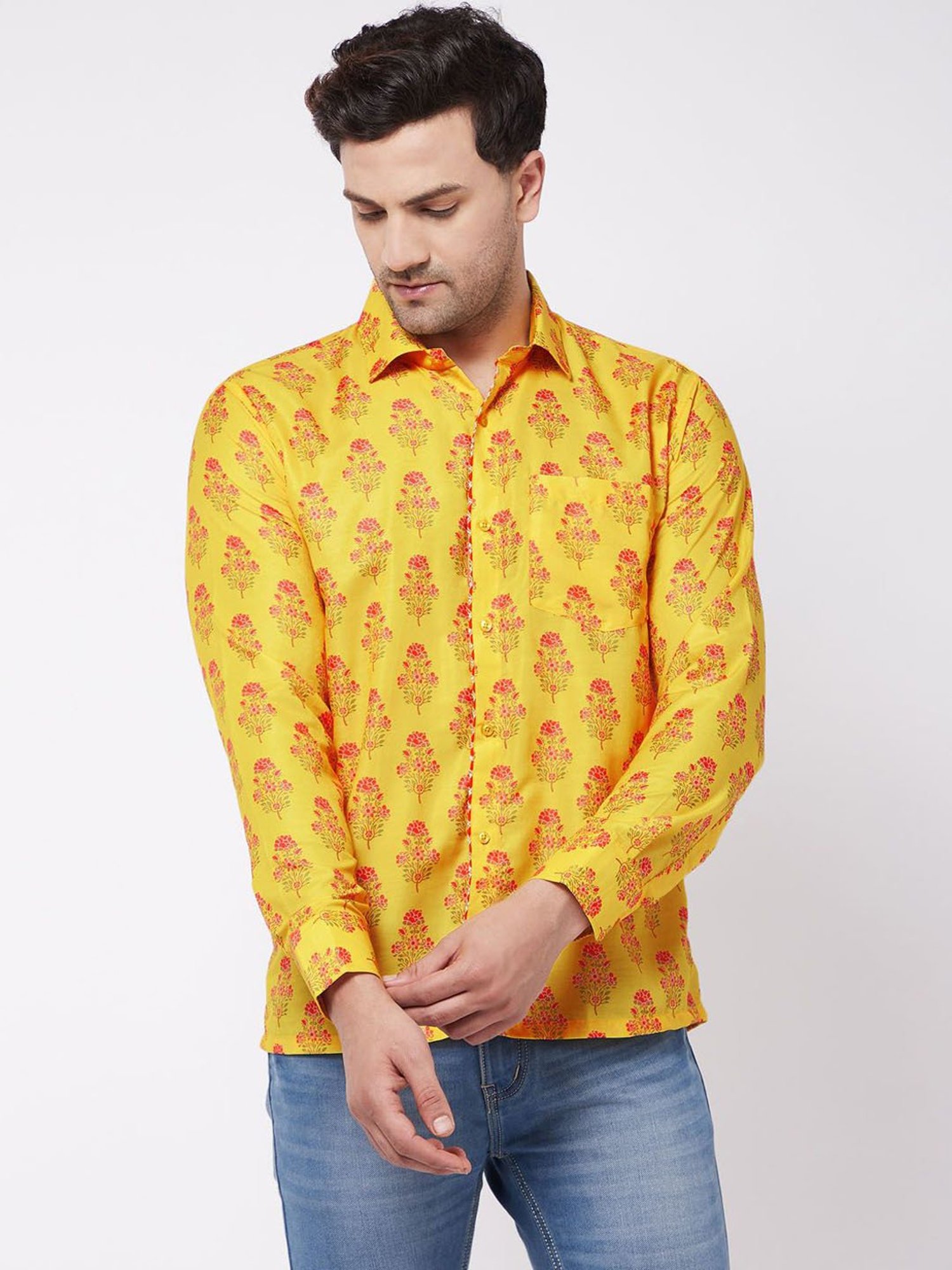 Vastramay Yellow Straight Fit Printed Shirts