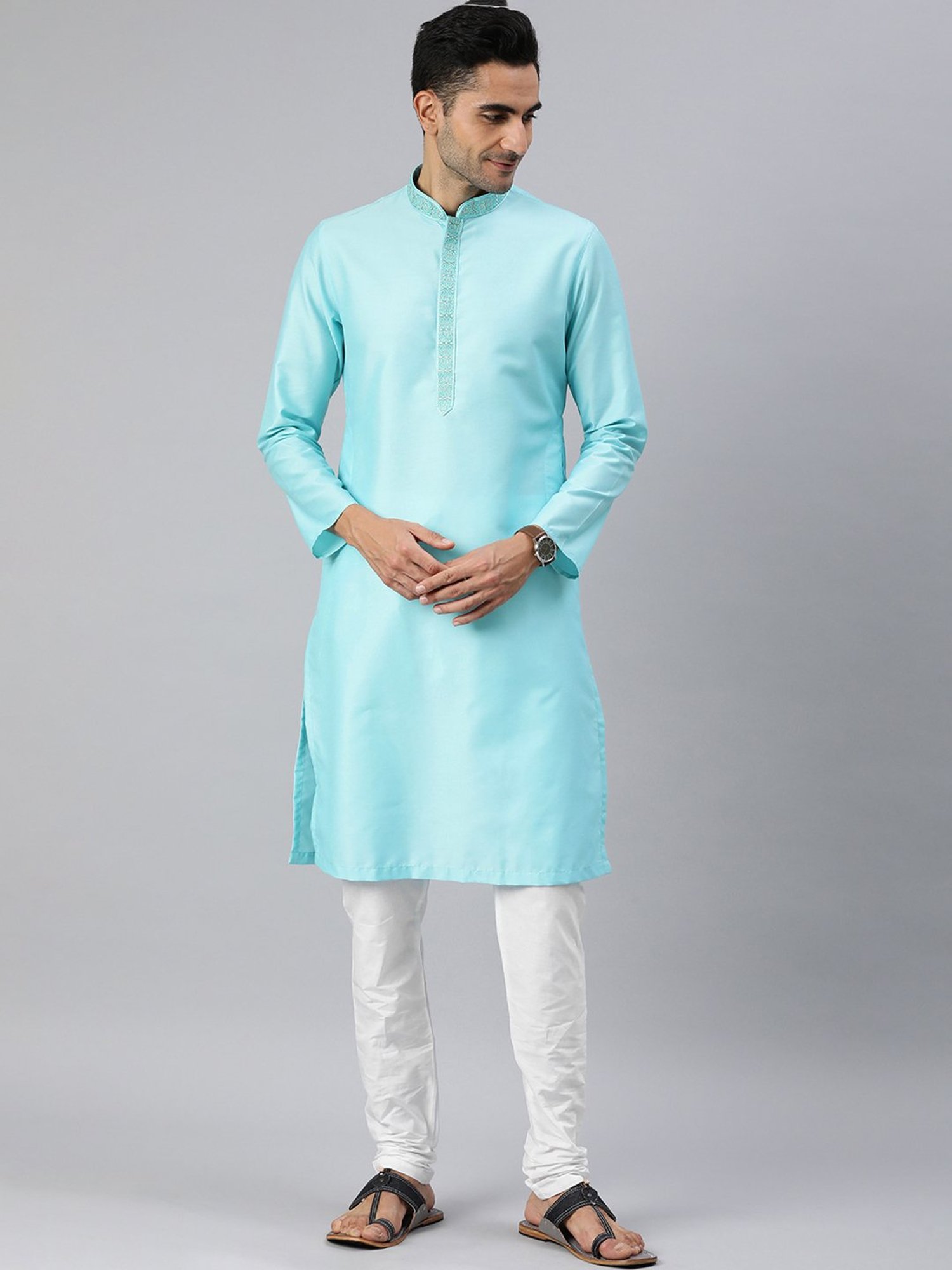 Manthan Turquoise & White Regular Fit Kurta & Churidar Set