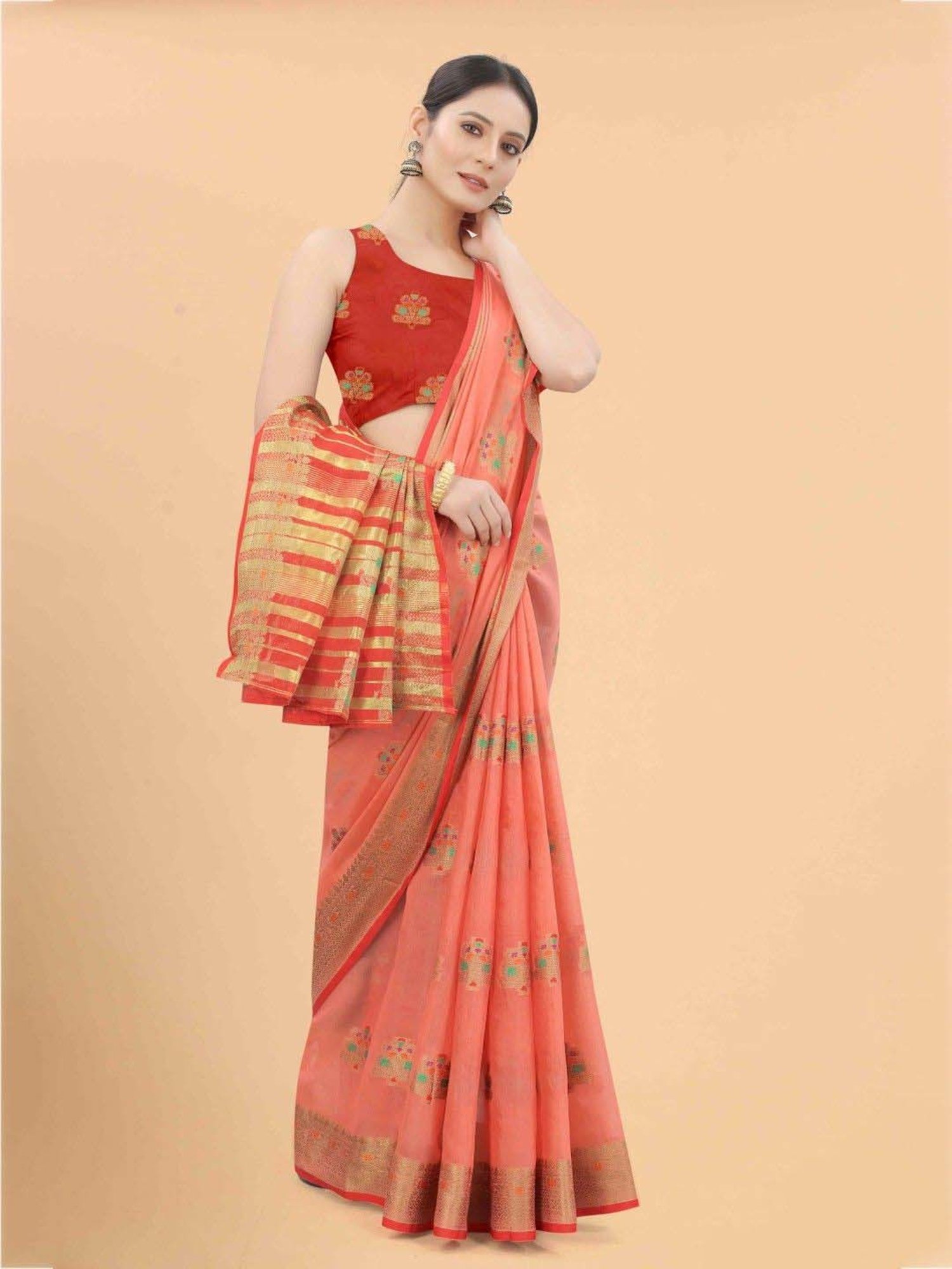 Silk Land Pink Woven Saree With Unstitched Blouse