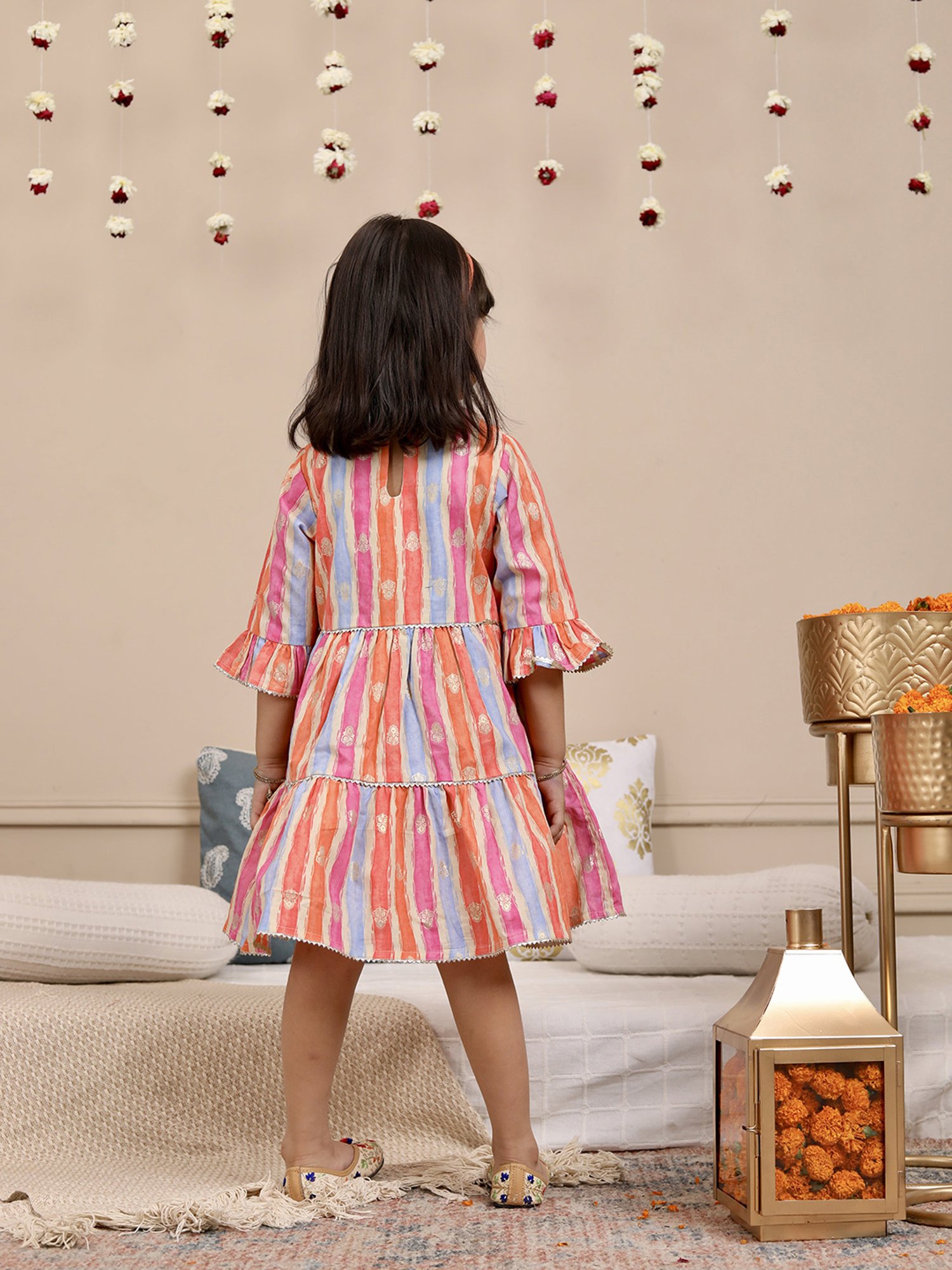 Budding Bees Girls Multicolor Striped Dress with Hairband