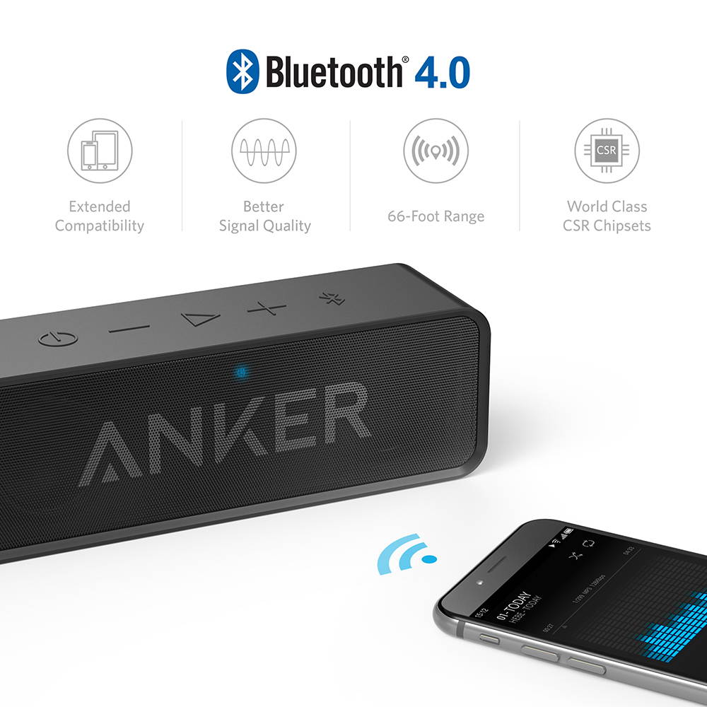 Anker SoundCore Bluetooth Speaker with 24-Hour Playtime, 66-Foot Bluetooth Range & Built-in Mic, Dual-Driver Portable Wireless Speaker with Low Harmonic Distortion and Superior Sound - Black