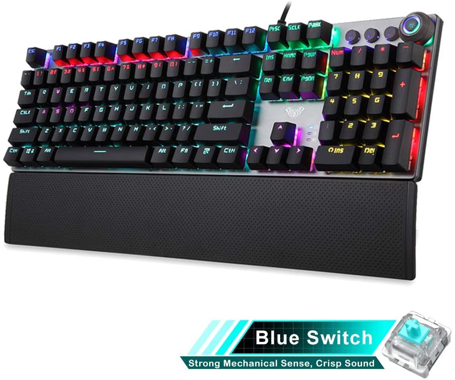 AULA F2088 RGB Mechanical Gaming Keyboard, with Media Keys, Detachable Wrist Rest, Rainbow Backlight, Durable Metal Panel, 104 Keys Anti-ghosting Ergonomic USB Wired PC Gaming Keyboards (Blue Switch)