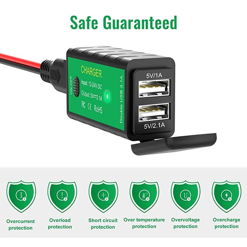 M2A Motorcycle USB Charger Kit Ring Terminal to 31Amp Dual USB Port Adapter with Voltmeter ONOff Switch3 Install Options Waterproof Quick Disconnect Plug for Smart Phone Tablet GPS Camera