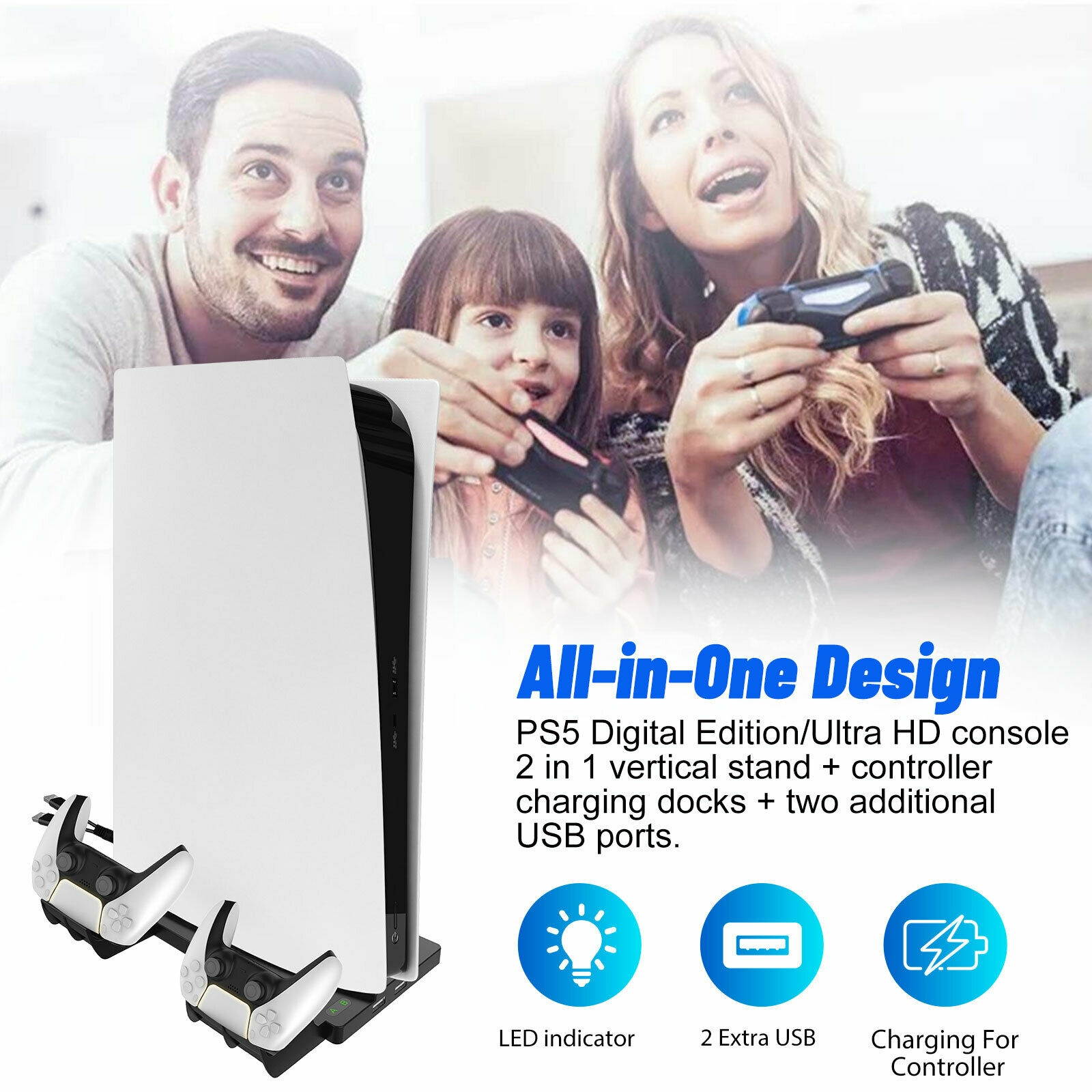 For PS5 UHD/DE Console Vertical Stand Controller Charging Dock Ston 2 USB Hub