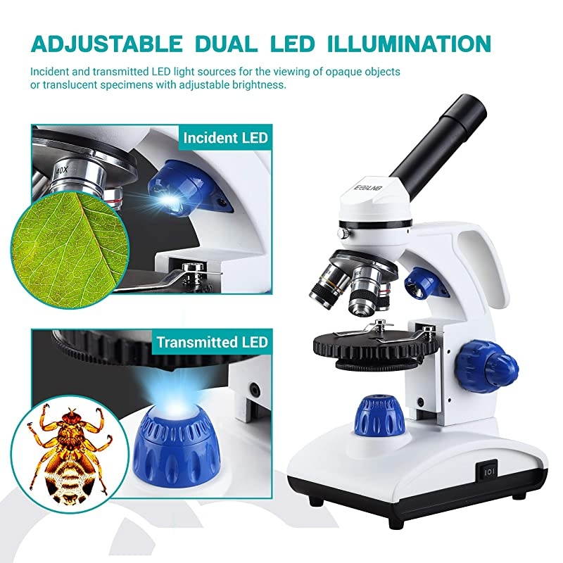 Microscope 1000X Student Microscope for Kids LED Biological Light Microscope with Slides and Phone Adapter All-Metal Optical Glass Lenses