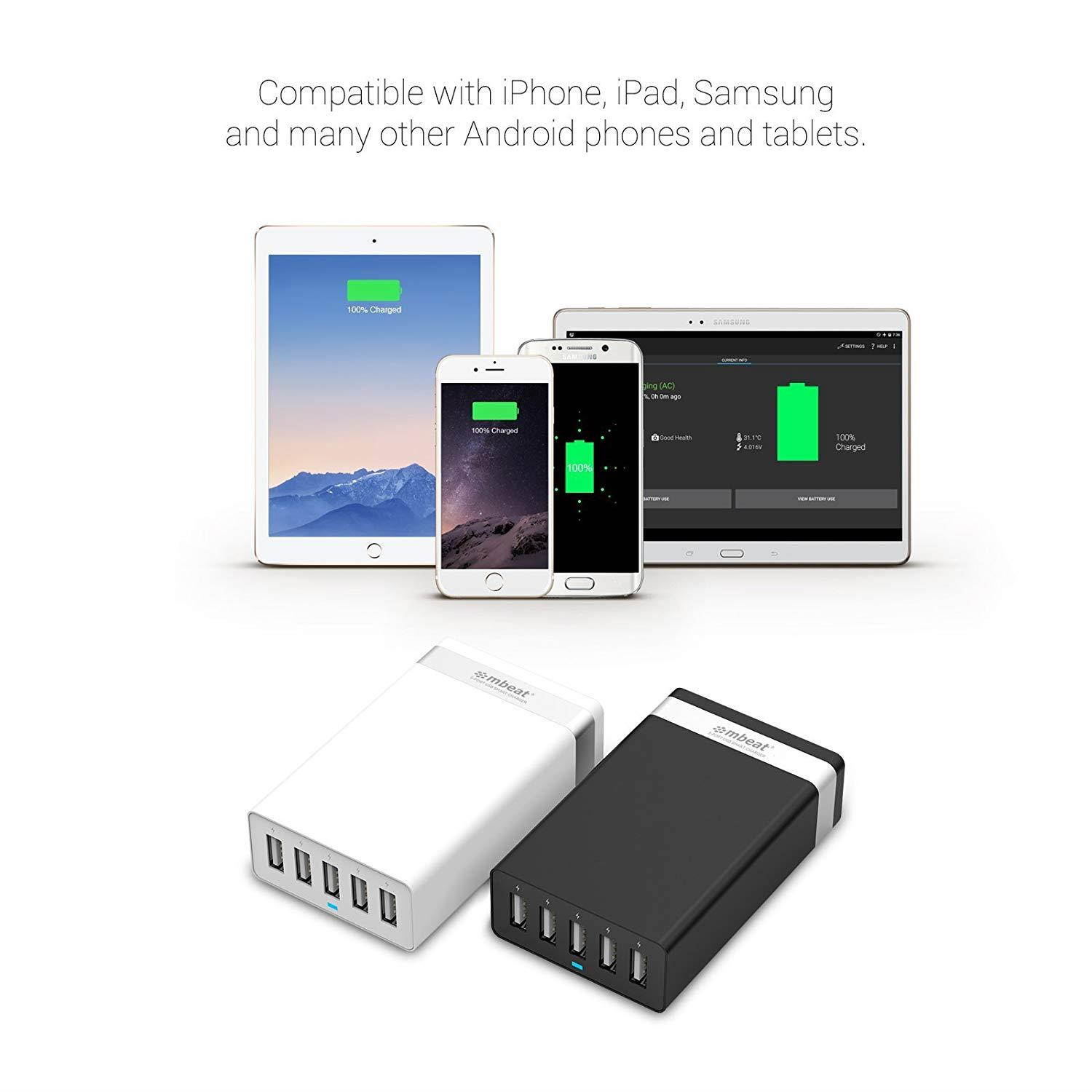 mbeat QUINTARY 40W 5-Port USB Charger with Smart charging function for iPhone, Android Phone and Tablets (White)