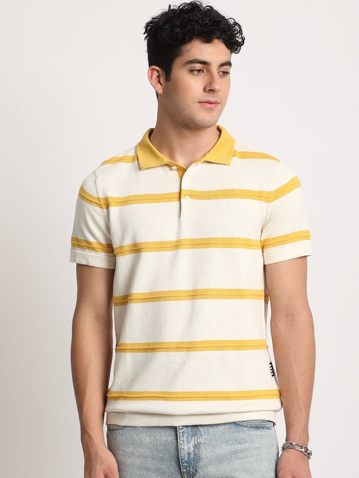 The Bear House Cream Cotton Regular Fit Striped Polo T-Shirt