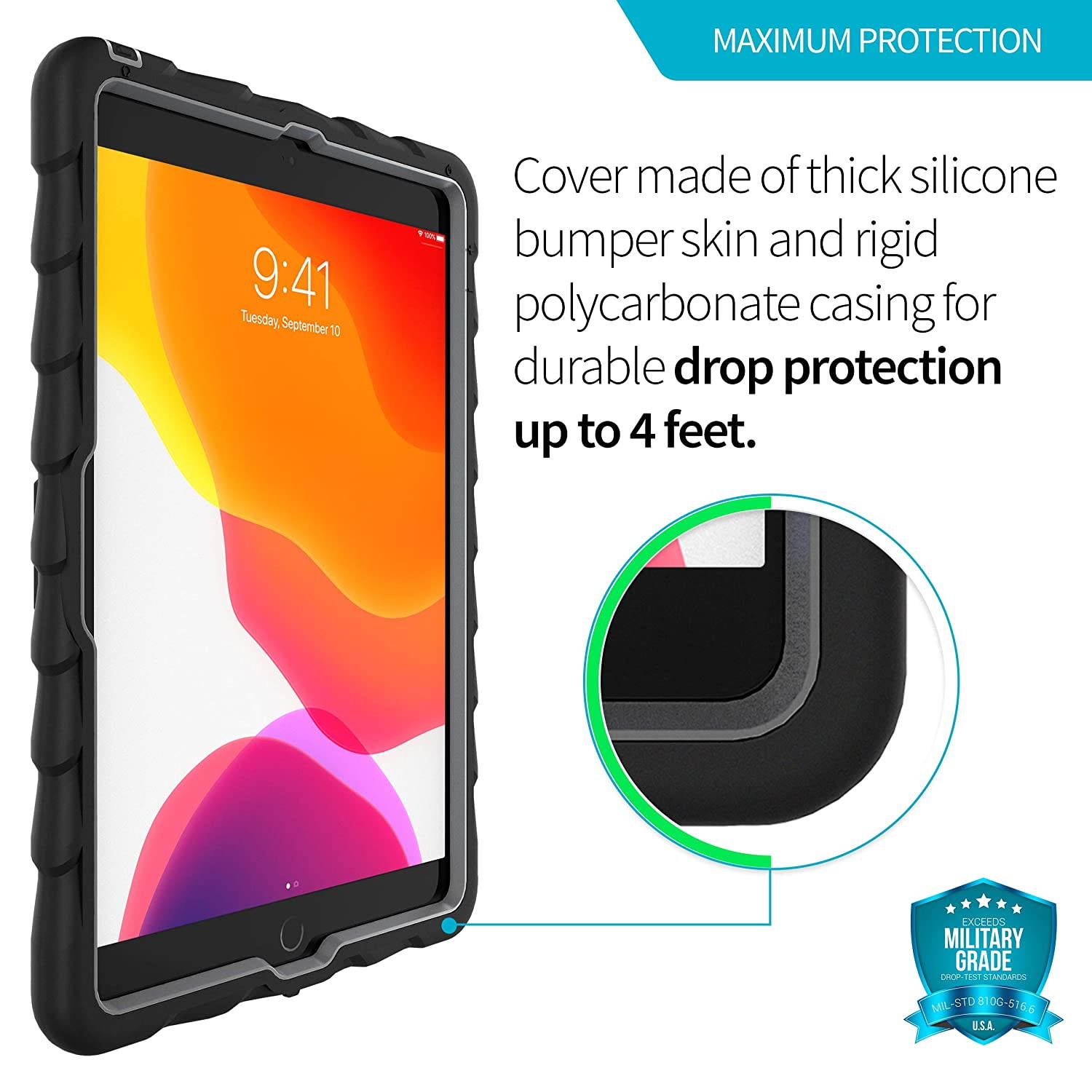 GumDrop Hideaway Case Designed for The New Apple iPad 10.2 7th Gen (2019) Tablet Commercial, Business and Office Essentials - Rugged, Shock Absorbing, Extreme Drop Protection (Black)