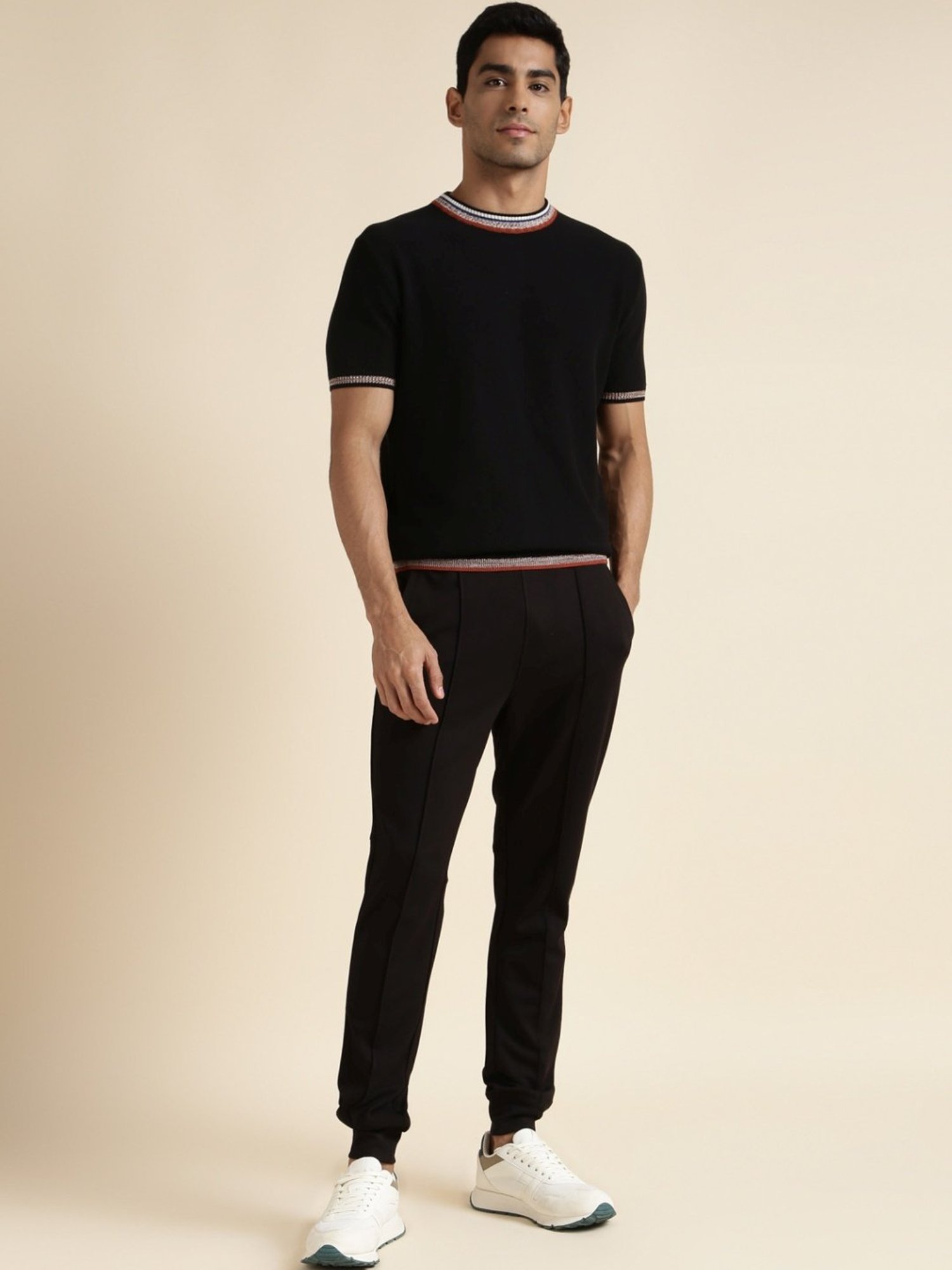 Andamen Black Regular Fit Self Pattern T-Shirt