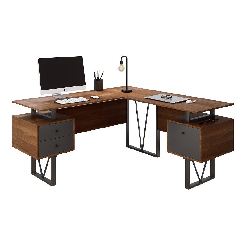 Reversible L Shaped Computer Desk with Drawers and File Cabinet Walnut - Techni Mobili