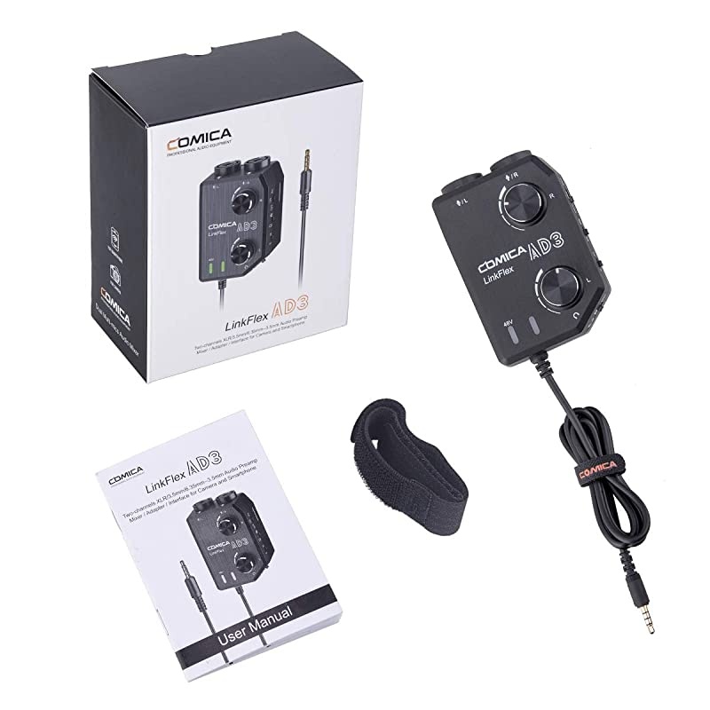 LINKFLEX.AD3 2-channel XLR/3.5mm Microphone Preamp Mixer with 48V Phantom Power, Real Time Monitor, Guitar Interface Preamp for DSLR Cameras, Camcorders, iPhone,iPad,Mac and Android Smartphones