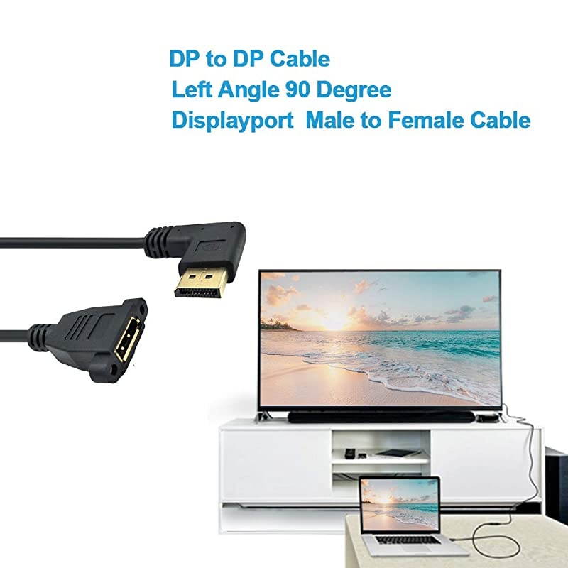 DP to DP Cable 12inch 30cm Left Angle 90 Degree Displayport DP Male to DisplayPort DP Female with Screw Hole Panel Mount for Audio and Video Extension Cable