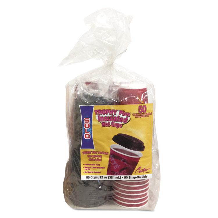 Bistro Hot/Cold Foam Cups with Lids, 12 oz., Maroon, 50/Pack
