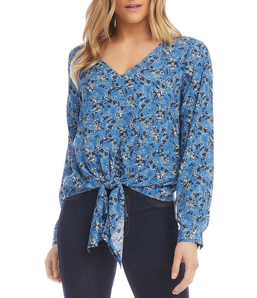 Karen Kane V-Neck Long Sleeve Printed Crepe Tie-Front Top