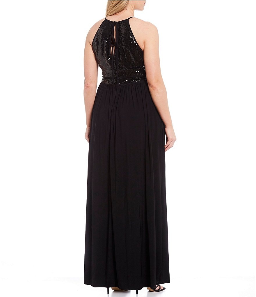 Morgan & Co. Plus Keyhole Sequin Bodice ITY Long Dress