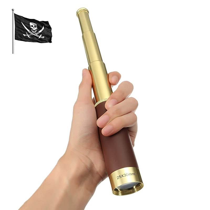 25x30 Zoomable Monocular Vintage Pirate Telescope Waterproof Aluminum Alloy Brass Adjustable Optics Telescope for Travel Navigation Sailing Voyage View Watching Games