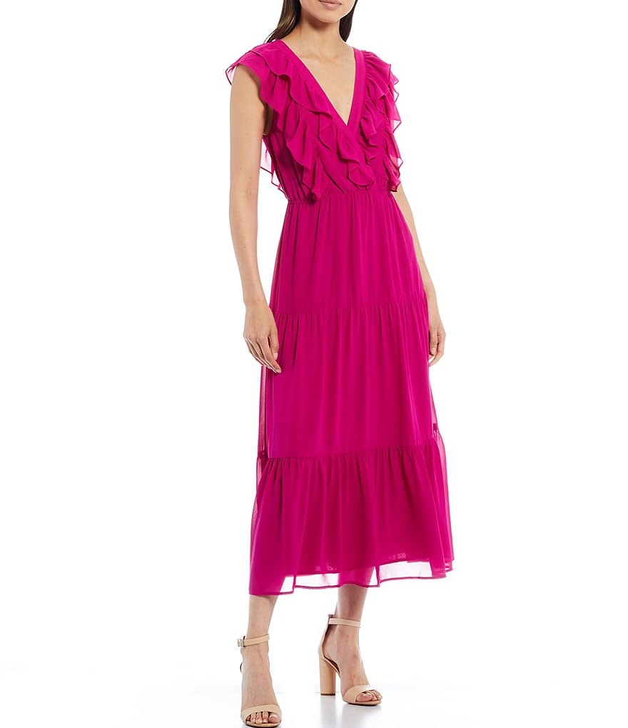 WAYF Double Ruffle V-Neck Tiered Maxi Dress