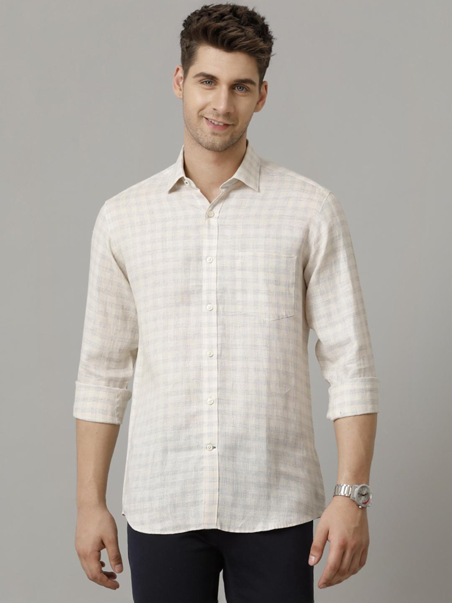 Linen Club Beige Linen Contemporary Fit Checks Shirt