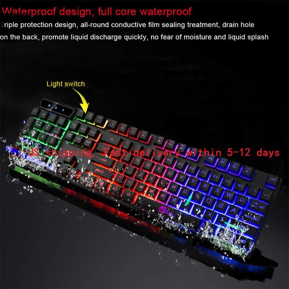 Keyboard US Stock- Gaming Keyboard Waterproof Colorful Crack LED Illuminated Backlit USB Wired PC Rainbow 104 Keys for Windows PC Gamer (Black)