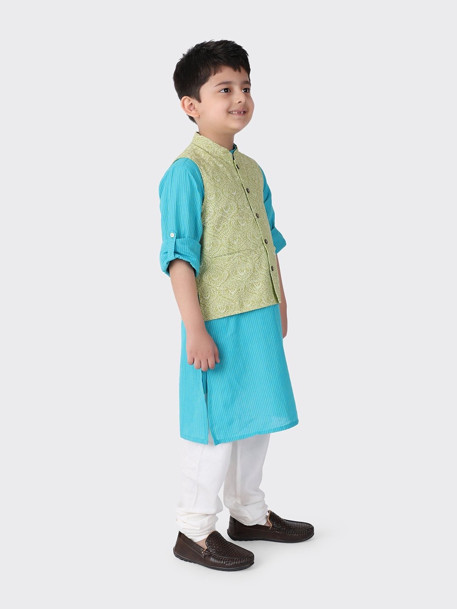 Fabindia Kids Green Cotton Printed Nehru Jacket