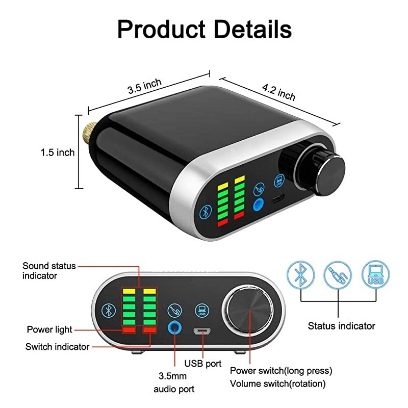 Bluetooth 5.0 Power Amplifier Wireless Audio Receiver with 12V 5A DC Adapter, Stereo Hi-Fi Digital Amp 2 Channel 50W+50W with AUX/USB/Bluetooth Input for Phone PC Tablet MP3(Black)