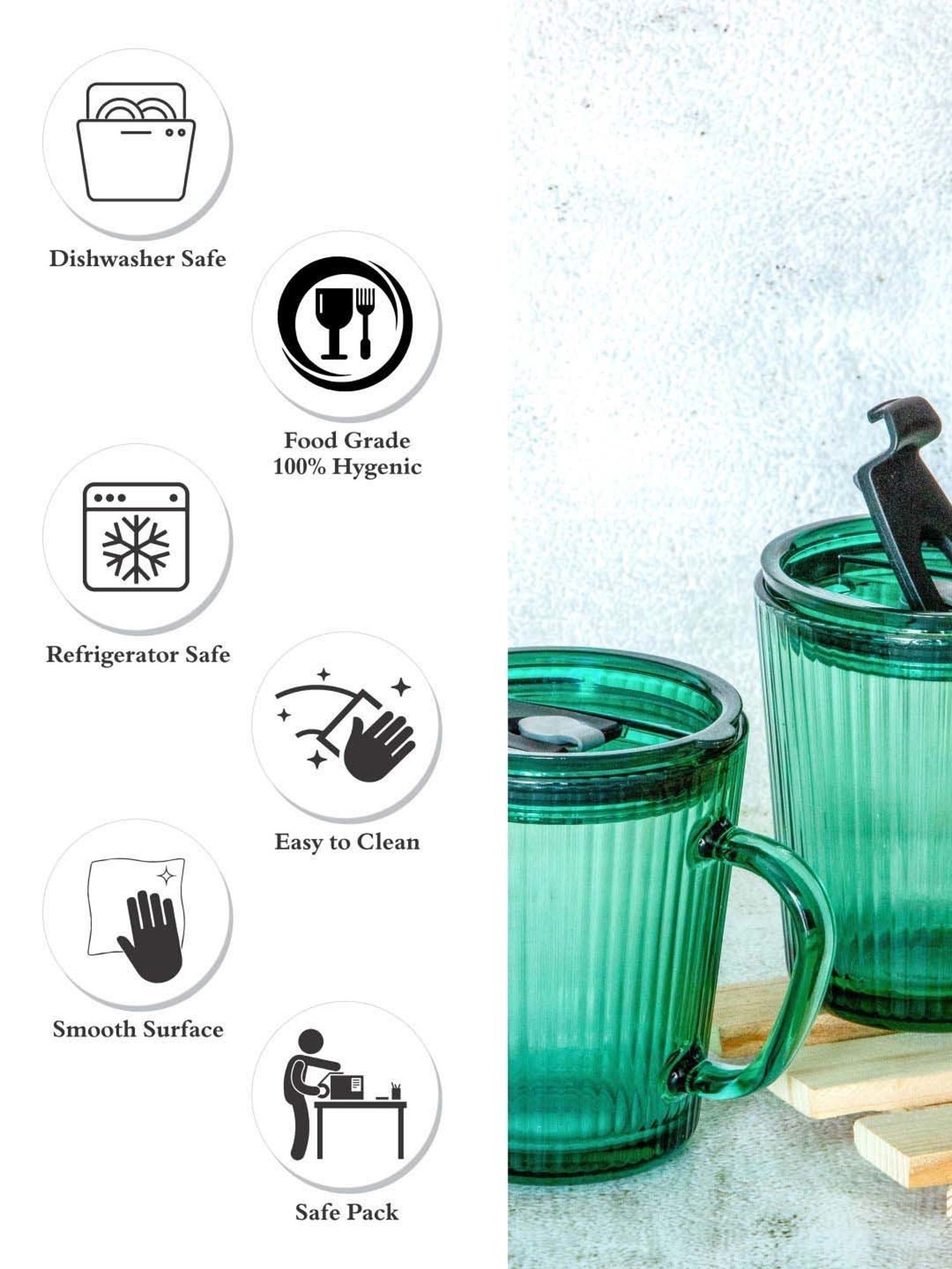 Goodhomes Green Glass Mug Sipper With Lid & Straw (0.37 L) - Set of 2