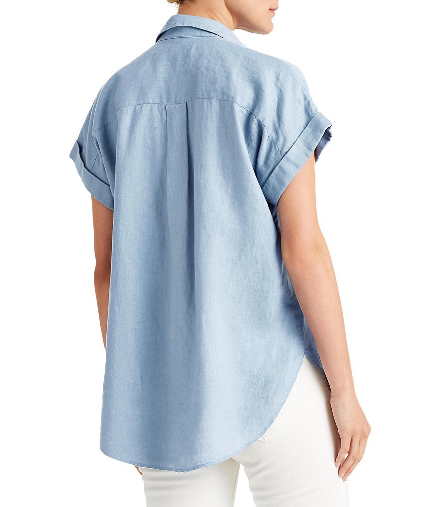 Lauren Ralph Lauren Linen Point Collar Neck Dolman Short Cap Sleeve Shirt