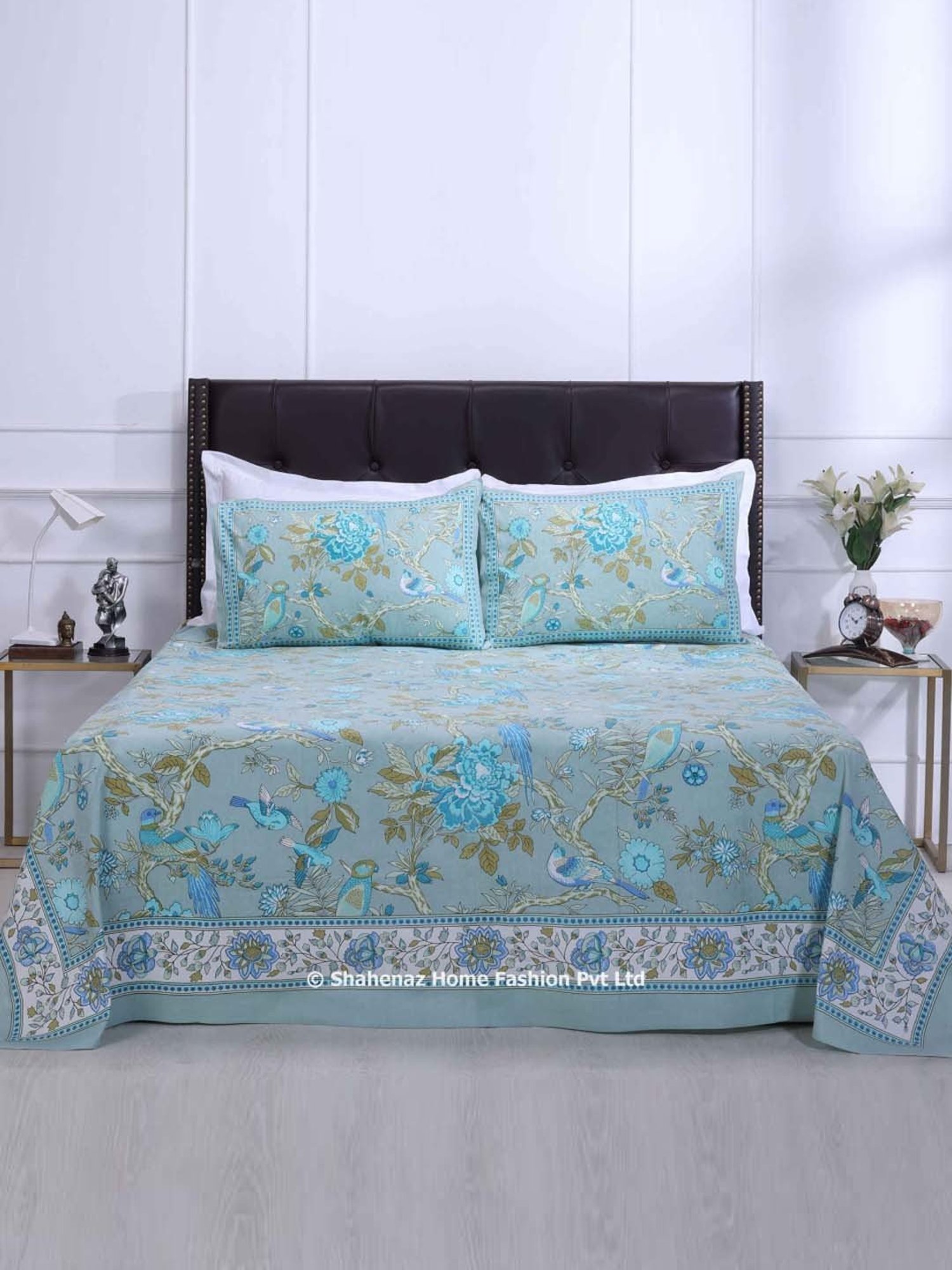 Shahenaz Blue 120 TC Cotton Rama Double Bedsheet with 2 Pillow Covers