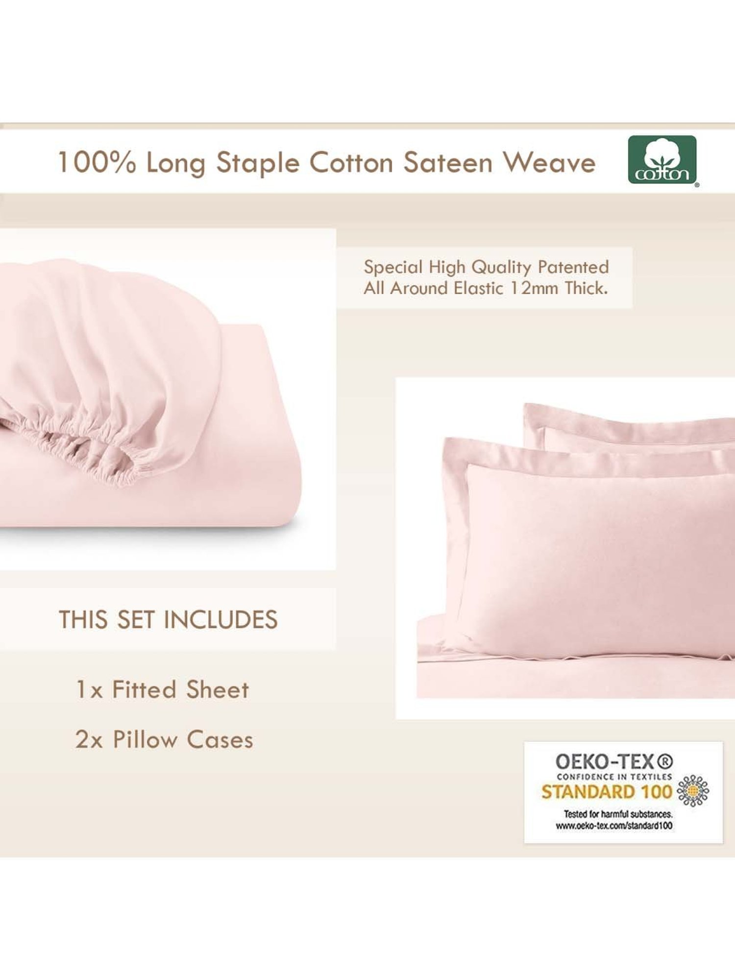 Pizuna 400TC 100% Cotton Light Pink Fitted Bed Sheet King Size With 2 Pillow Cover