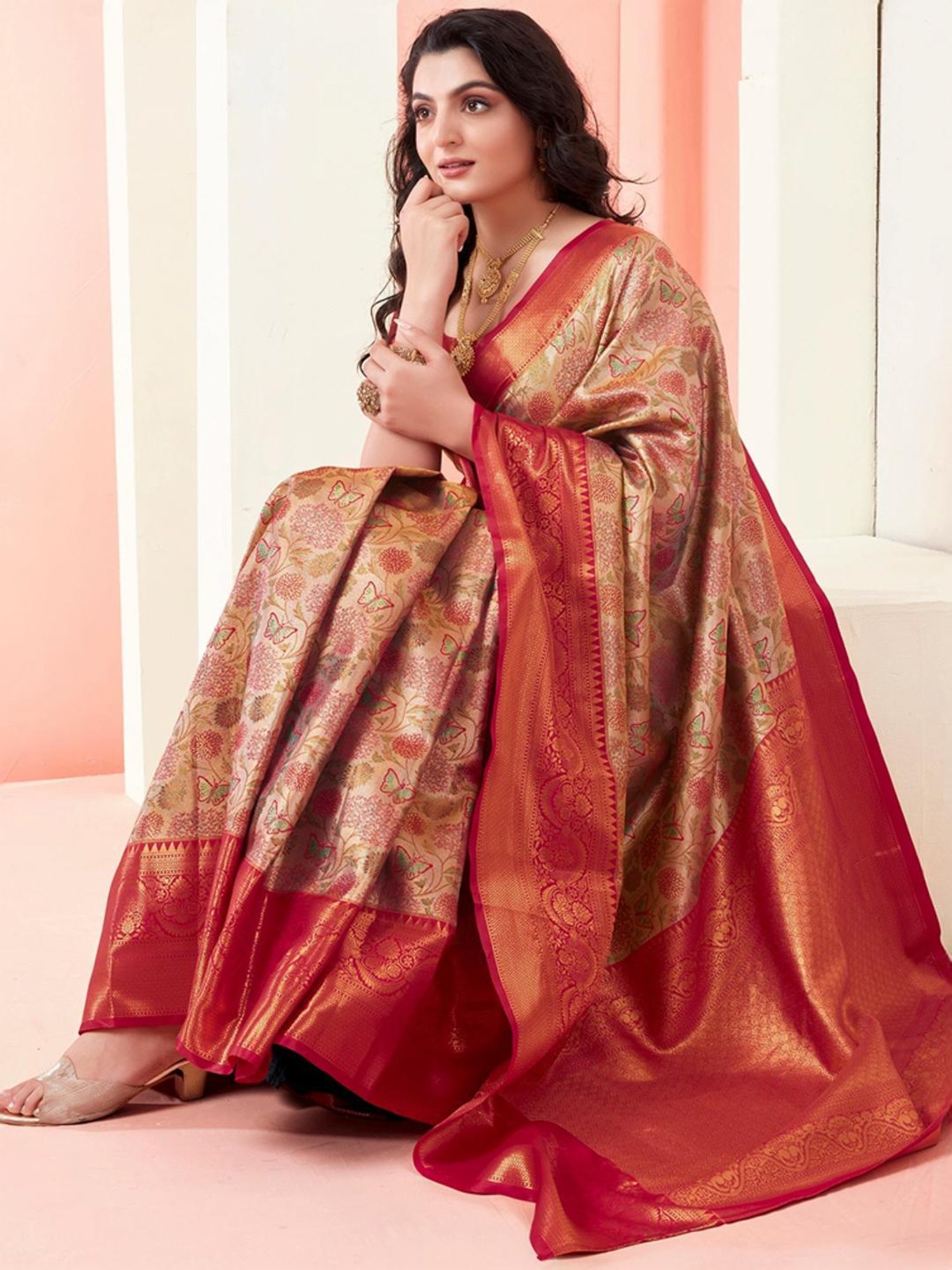 Satrani Beige & Maroon Woven Saree With Unstitched Blouse