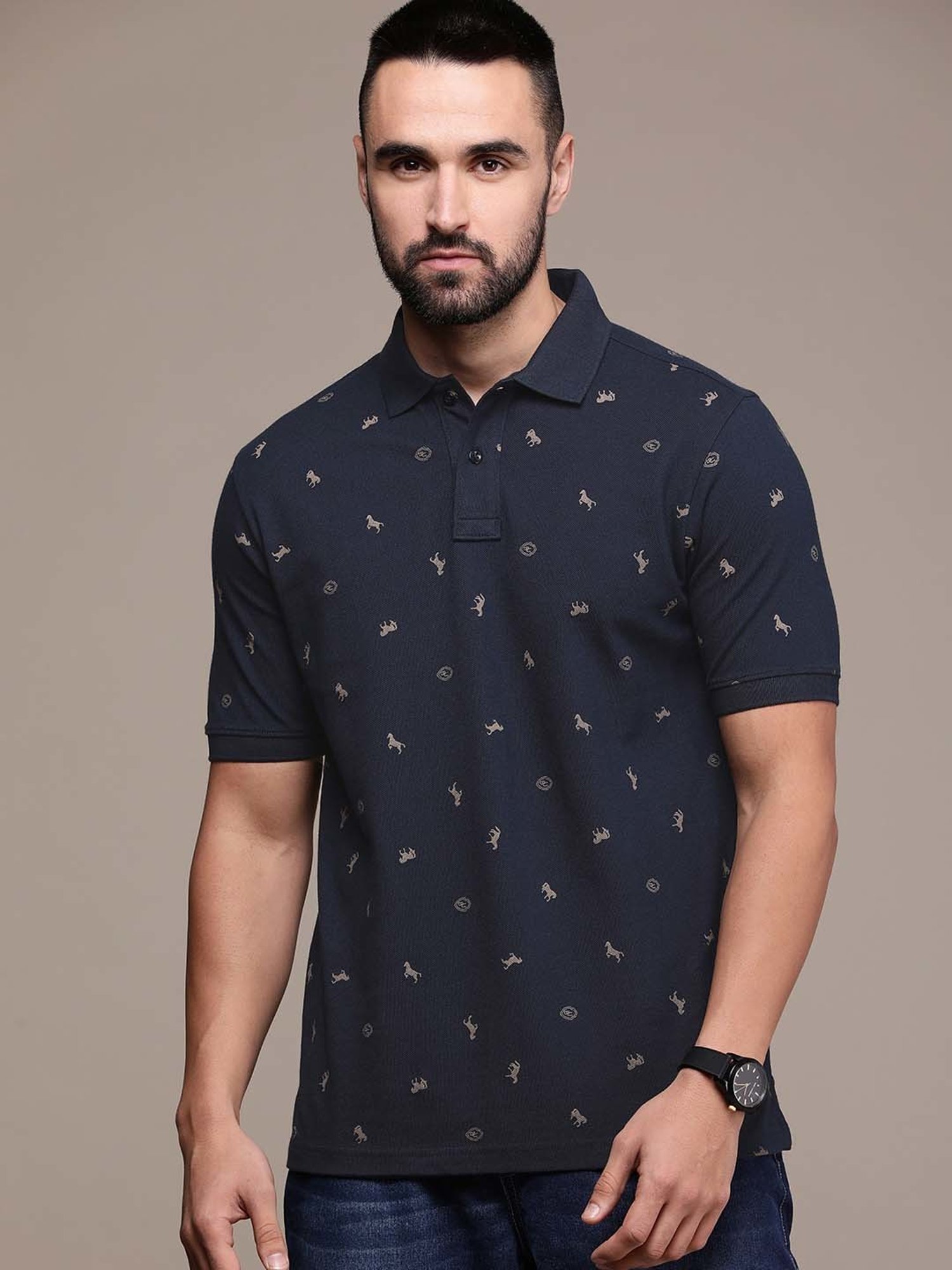 Burnt Umber Navy Regular Fit Printed Polo T-Shirt