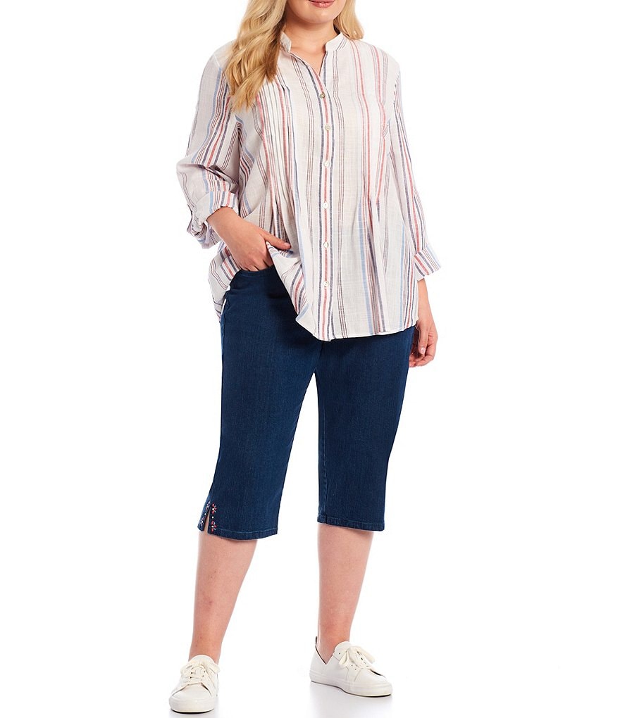 Ruby Rd. Plus Size Americana Stripe Metallic Detail Split Round Neck 3/4 Roll-Tab Sleeve Pintuck Detail Button Down Top
