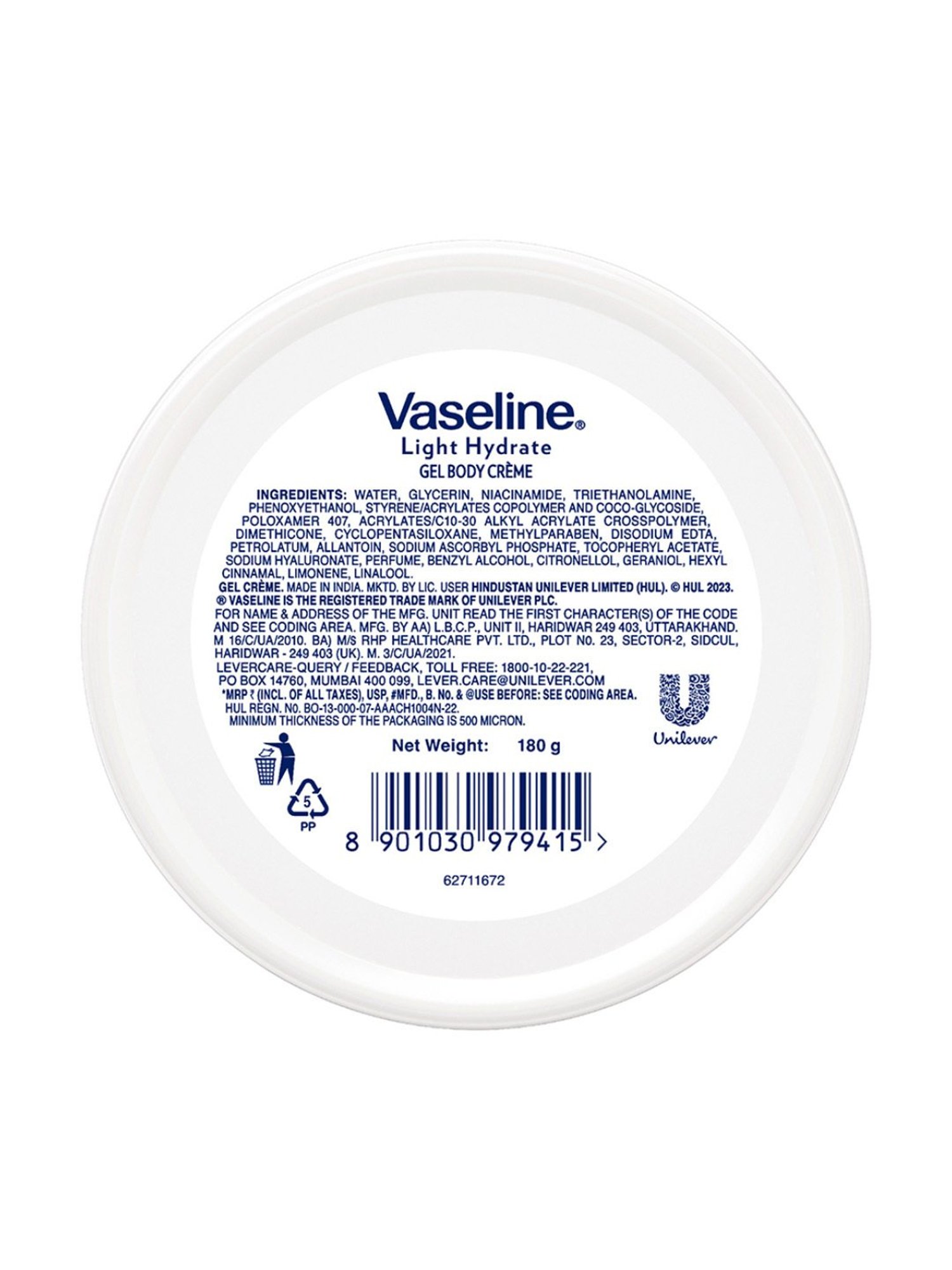 Vaseline Light Hydrate Gel Body Creme - 180 gm