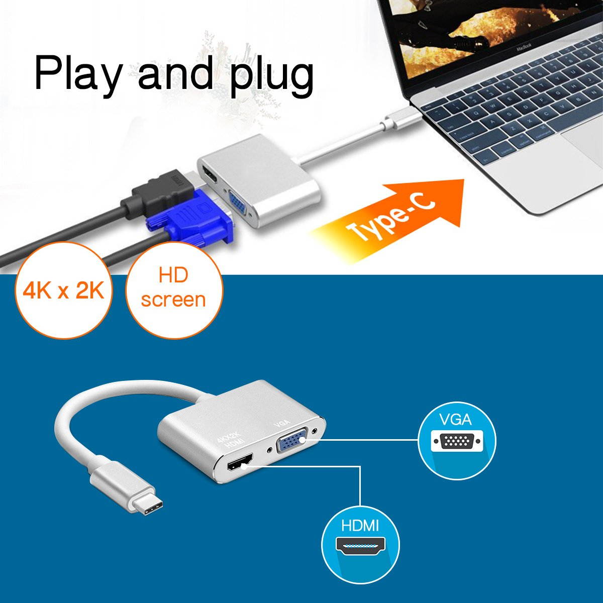 2 in 1 Type-C to HDMI 4K + VGA Adapter for Dual Display, 2 in 1 USB-C HUB with HDMI VGA, Applied in New MacBook, ChromeBook and Surface connected TV, Monitor and Projector.