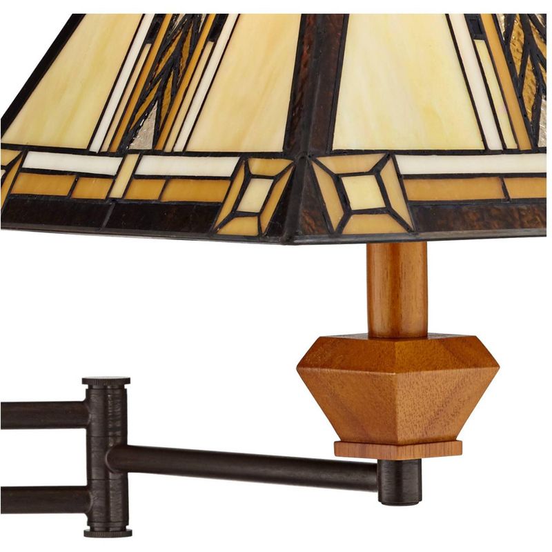 Robert Louis Tiffany Mission Swing Arm Wall Lamp Walnut Wood Plug-In Light Fixture Stained Glass for Bedroom Bedside Living Room