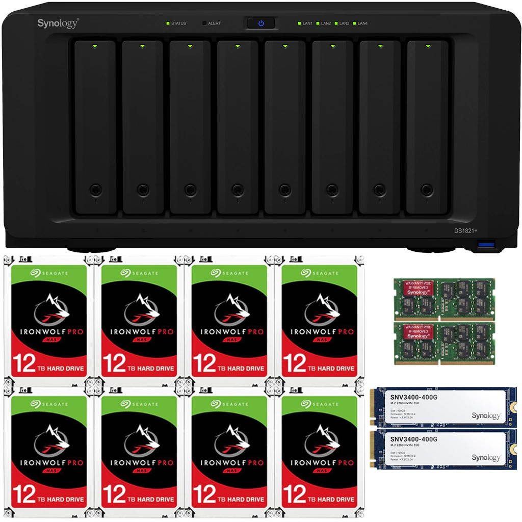 Synology DS1821+ DiskStation with 32GB RAM and 96TB (8 x 12TB) of Seagate Ironwolf PRO NAS Drives and 800GB (2x400GB) NVME Cache Fully Assembled and Tested By CustomTechSales