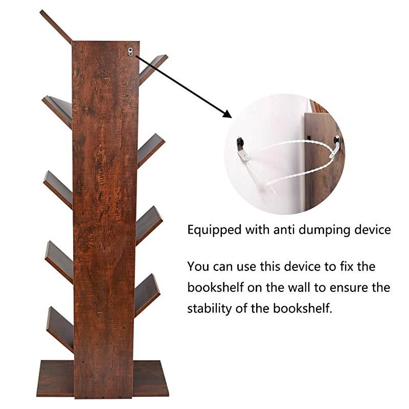 9Shelf Tree Bookshelf Floor Standing Tree Bookcase in Living RoomHomeOffice Bookshelves Storage Rack for CDsMoviesBooks Walnut Brown