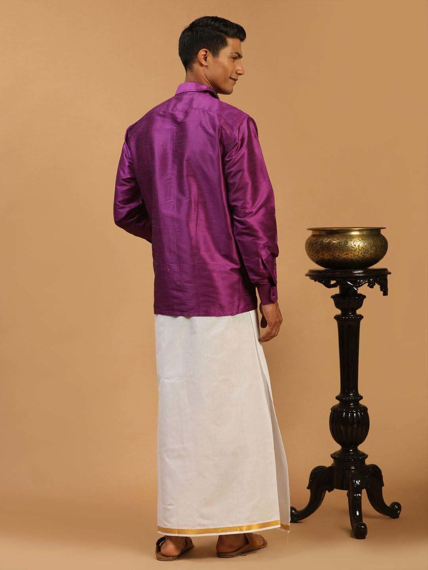 Vastramay Purple & White Regular Fit Ethnic Shirt With Mundu