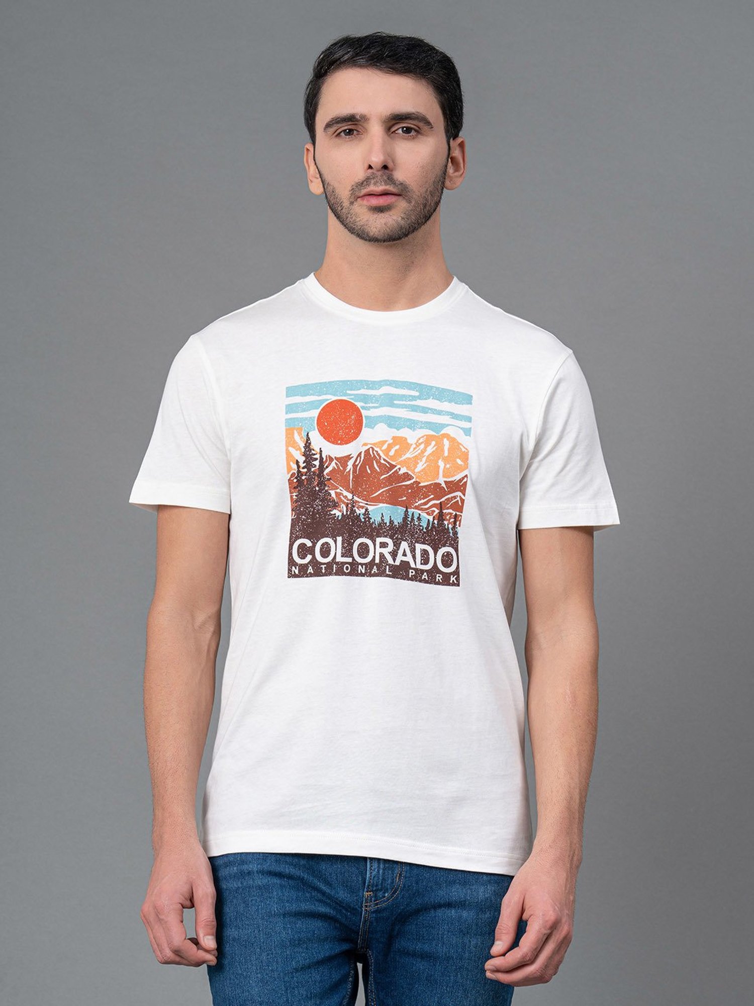 Red Tape White Regular Fit Graphic Print Cotton Crew T-Shirt