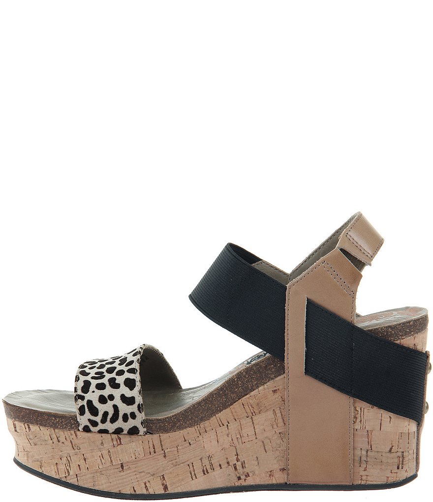 OTBT Bushnell Leather Leopard Print Platform Cork Wedge Sandals