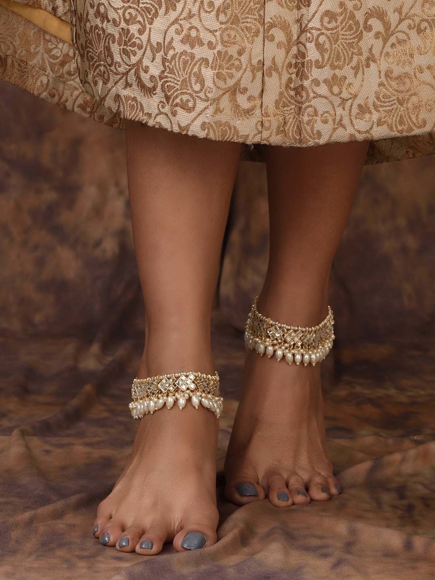 Saraf RS Jewellery Gold Toned Kundan-studded Pearl Beadded Ethnic Bridal Payal/Anklets - Set of 2