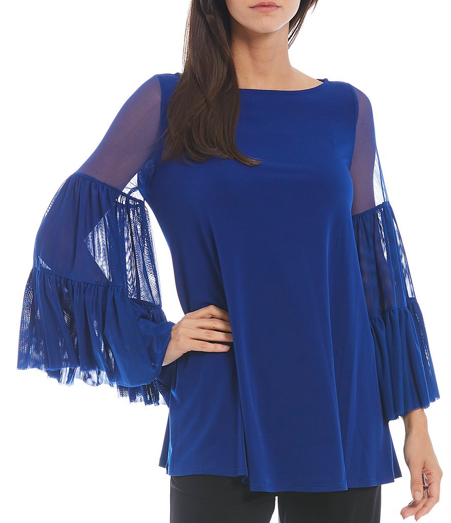 IC Collection Tiered Layer Mesh Bell Long Sleeve Boat Neck Knit Top