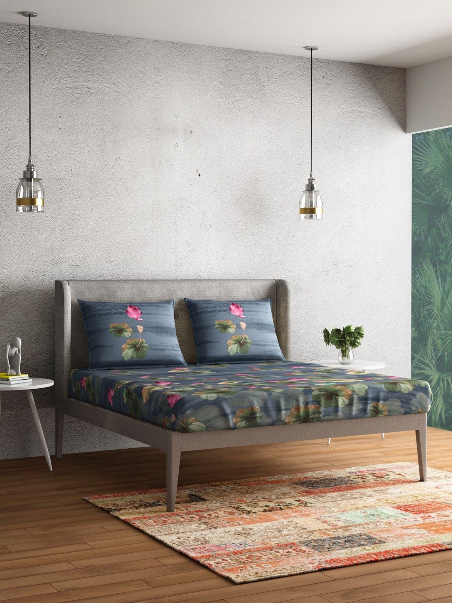 Petal Home Lotus Blue Cotton 144 TC Bedsheet